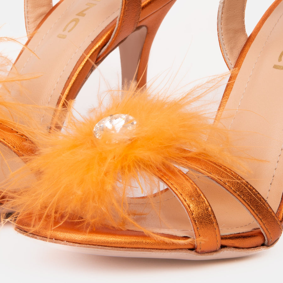 The Siena Orange Leather Ankle Strap Plumed Women Sandal Final Sale! - Glamourous Grace
