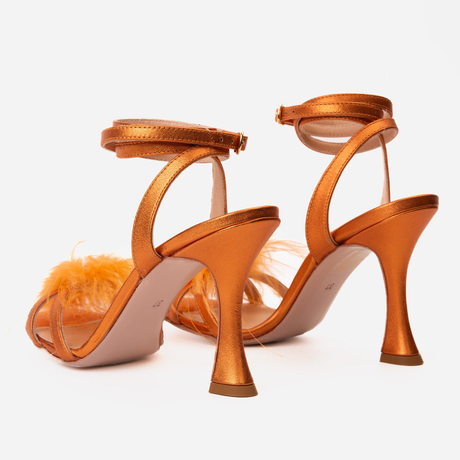 The Siena Orange Leather Ankle Strap Plumed Women Sandal Final Sale! - Glamourous Grace