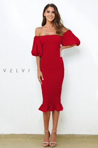 Skyla Shirred Midi Dress - RED - Glamourous Grace