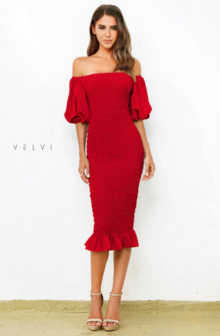 Skyla Shirred Midi Dress - RED - Glamourous Grace