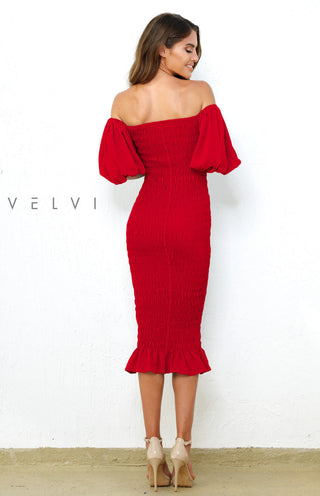 Skyla Shirred Midi Dress - RED - Glamourous Grace