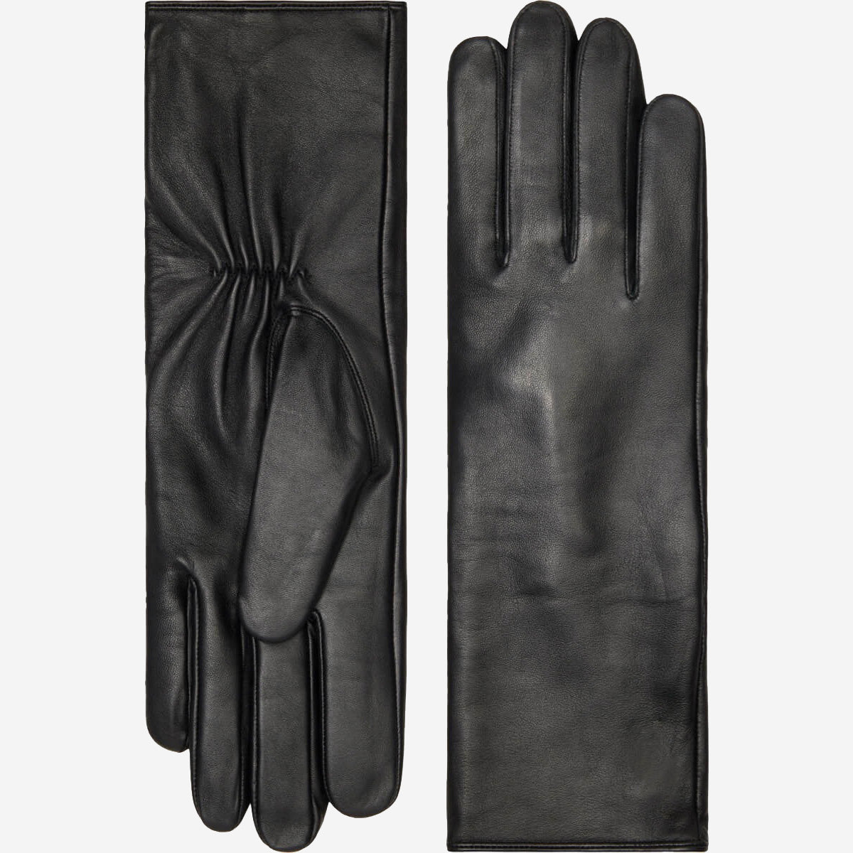 Skylar (black) – Extra-long sheepskin leather gloves with wool/cashmere lining & touchscreen capability - Glamourous Grace
