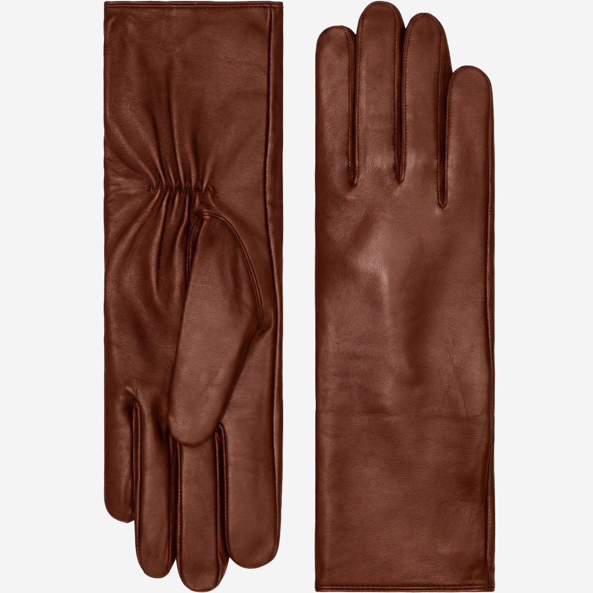 Skylar (brown) – Extra-long sheepskin leather gloves with wool/cashmere lining & touchscreen capability - Glamourous Grace