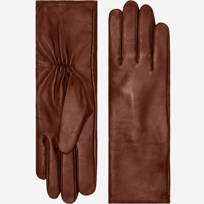 Skylar (brown) – Extra-long sheepskin leather gloves with wool/cashmere lining & touchscreen capability - Glamourous Grace