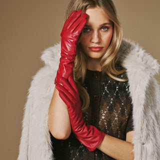 Skylar (red) – Extra-long sheepskin leather gloves with wool/cashmere lining & touchscreen capability - Glamourous Grace
