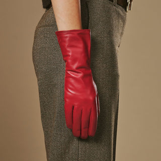 Skylar (red) – Extra-long sheepskin leather gloves with wool/cashmere lining & touchscreen capability - Glamourous Grace