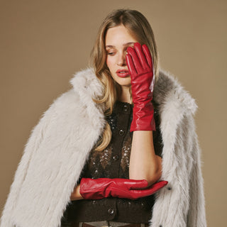 Skylar (red) – Extra-long sheepskin leather gloves with wool/cashmere lining & touchscreen capability - Glamourous Grace