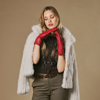 Skylar (red) – Extra-long sheepskin leather gloves with wool/cashmere lining & touchscreen capability - Glamourous Grace