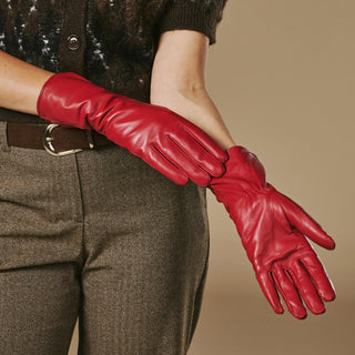 Skylar (red) – Extra-long sheepskin leather gloves with wool/cashmere lining & touchscreen capability - Glamourous Grace