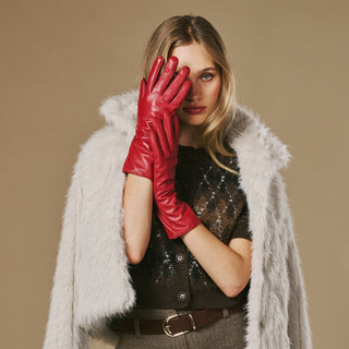 Skylar (red) – Extra-long sheepskin leather gloves with wool/cashmere lining & touchscreen capability - Glamourous Grace
