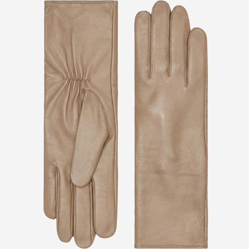 Skylar (taupe) – Extra-long sheepskin leather gloves with wool/cashmere lining & touchscreen capability - Glamourous Grace