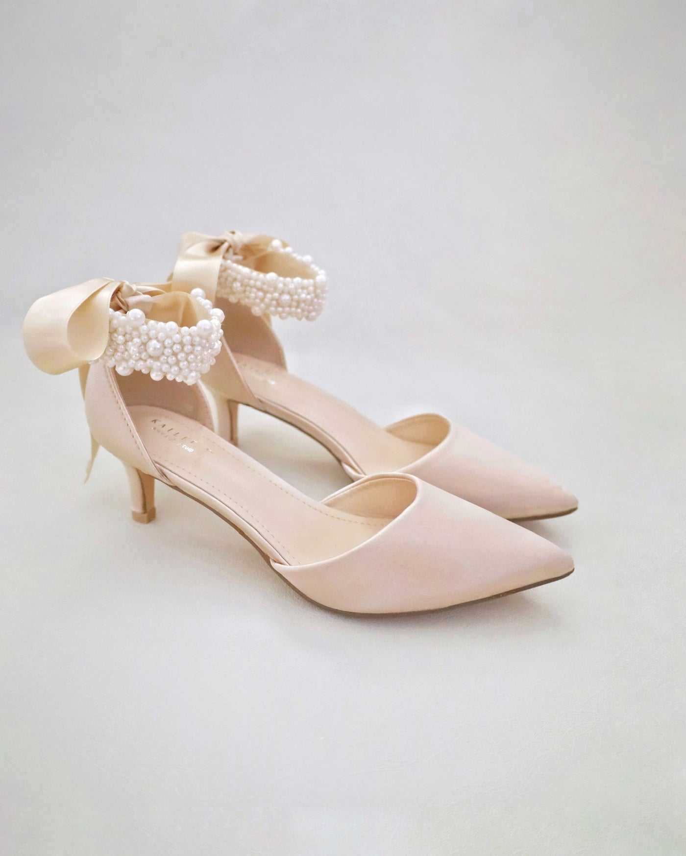 Satin Pointy Toe Kitten Low Heel with Perla Ankle Strap - Glamourous Grace