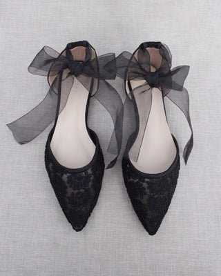 Evening Crochet Lace Pointy Toe with Ballerina Lace Up or Ankle Tie