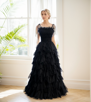 Spaghetti-straps Pleated bodice Ruffle Layered tutu soft tulle prom dress