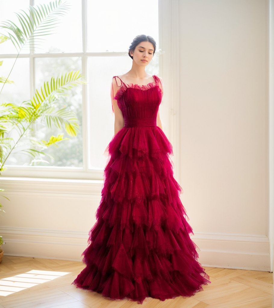 Spaghetti-straps Pleated bodice Ruffle Layered tutu soft tulle prom dress - Glamourous Grace