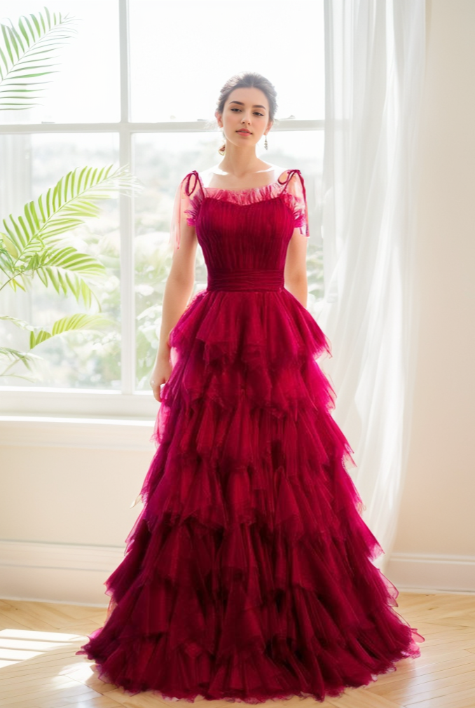 Spaghetti-straps Pleated bodice Ruffle Layered tutu soft tulle prom dress - Glamourous Grace