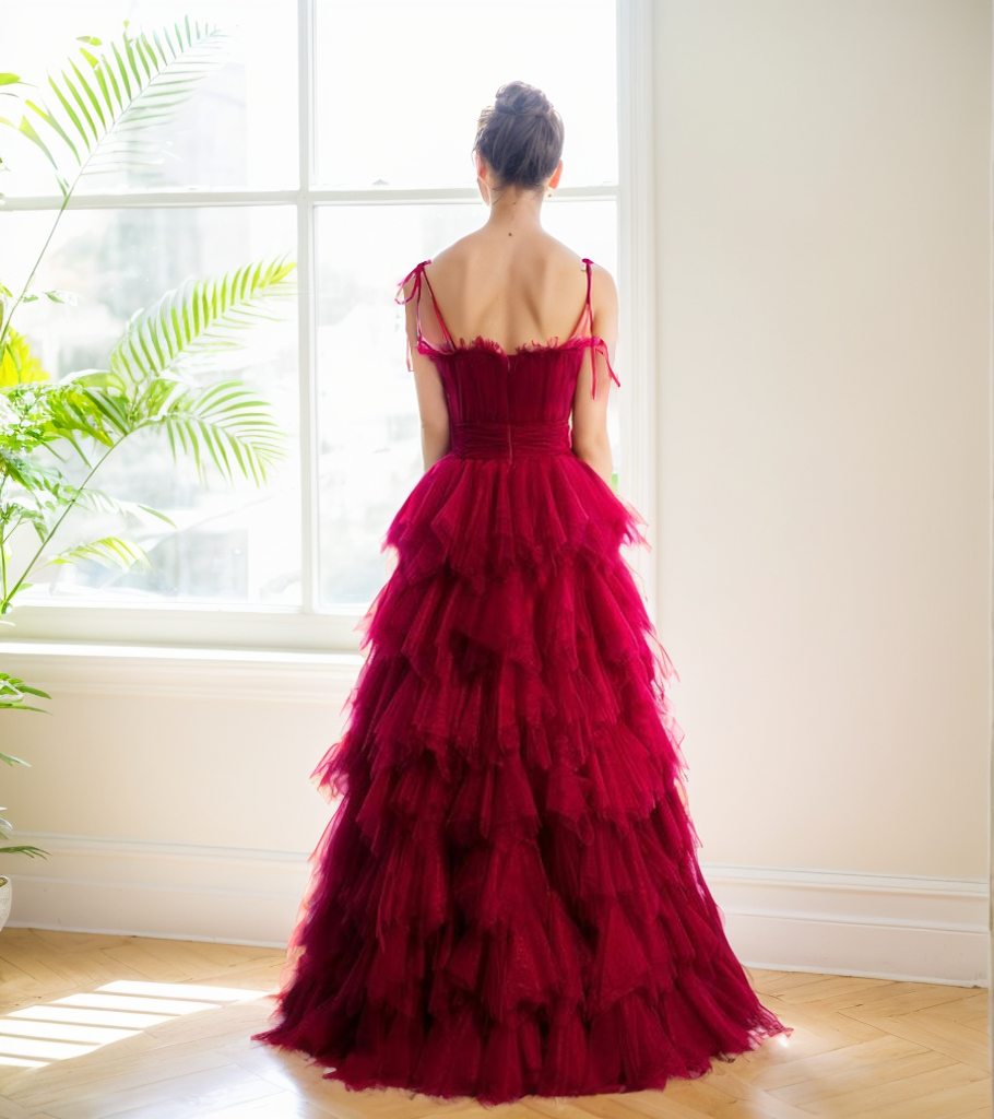 Spaghetti-straps Pleated bodice Ruffle Layered tutu soft tulle prom dress - Glamourous Grace