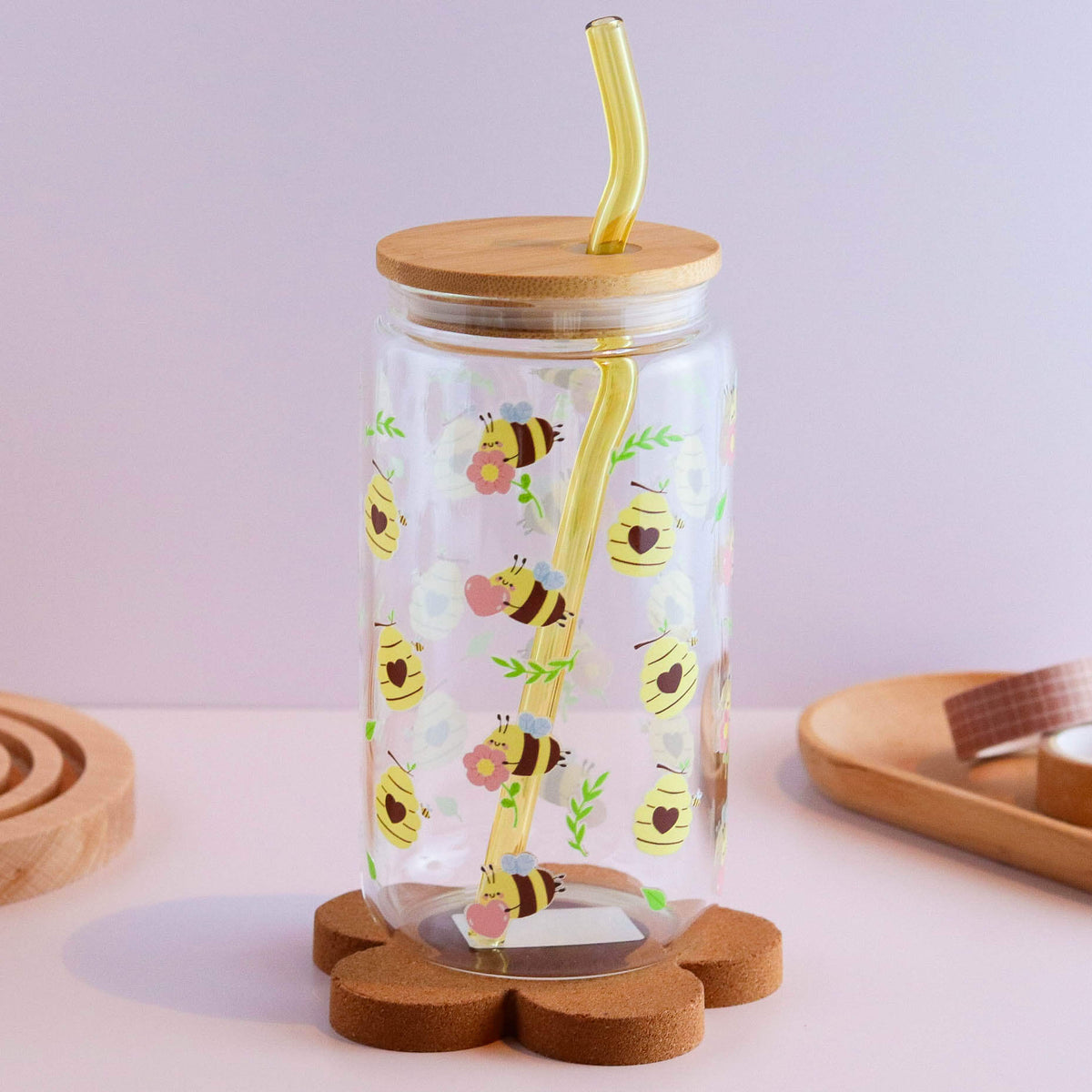 Spring Bees and Beehive 16 oz Glass Cup Set - Glamourous Grace