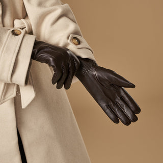Stella (dark brown) – Sheepskin leather gloves with ultra-warm fleece lining & touchscreen functionality - Glamourous Grace