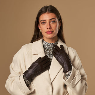Stella (dark brown) – Sheepskin leather gloves with ultra-warm fleece lining & touchscreen functionality - Glamourous Grace