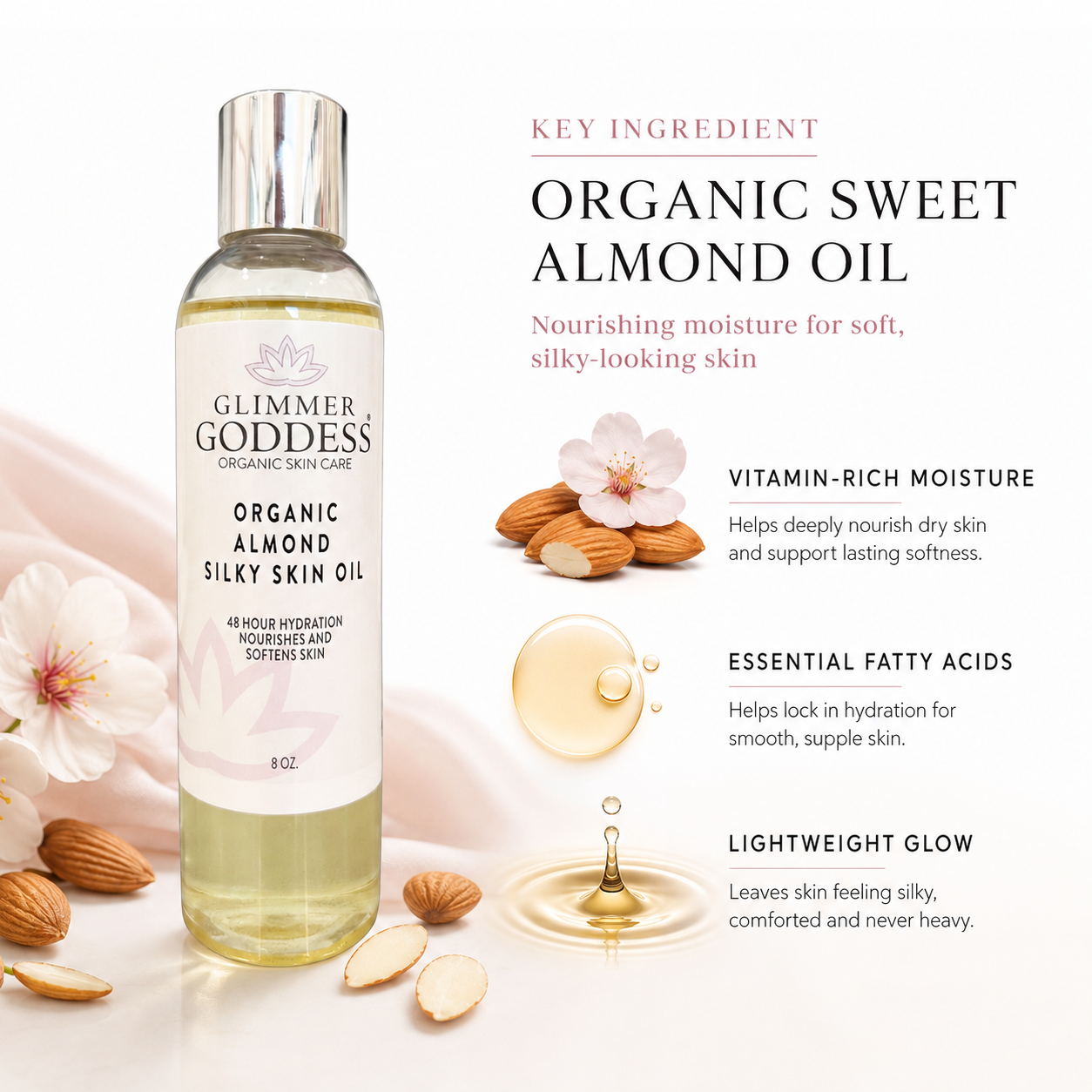 Organic Sweet Almond Silky Skin Oil – 48 Hour Hydration - Glamourous Grace