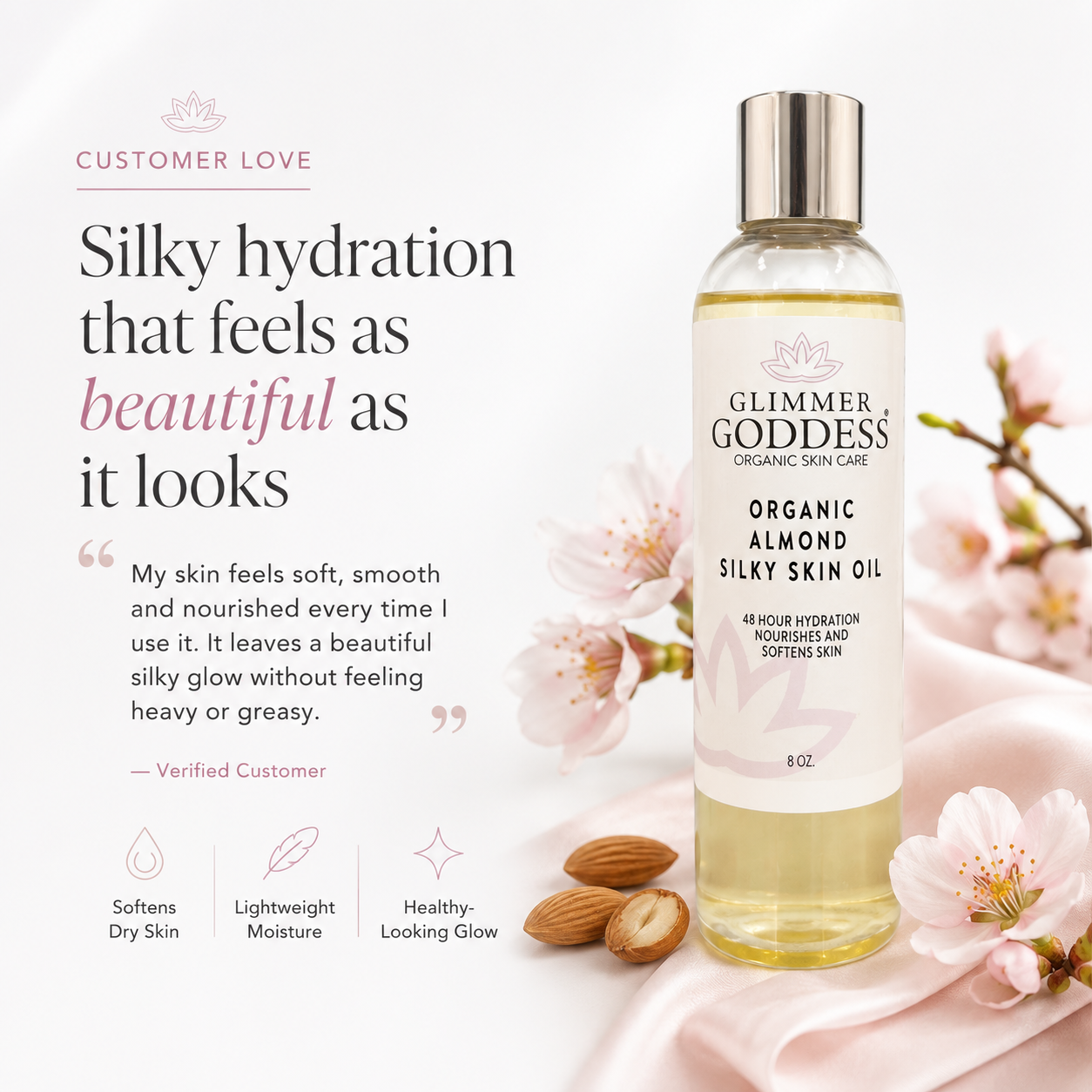 Organic Sweet Almond Silky Skin Oil – 48 Hour Hydration - Glamourous Grace
