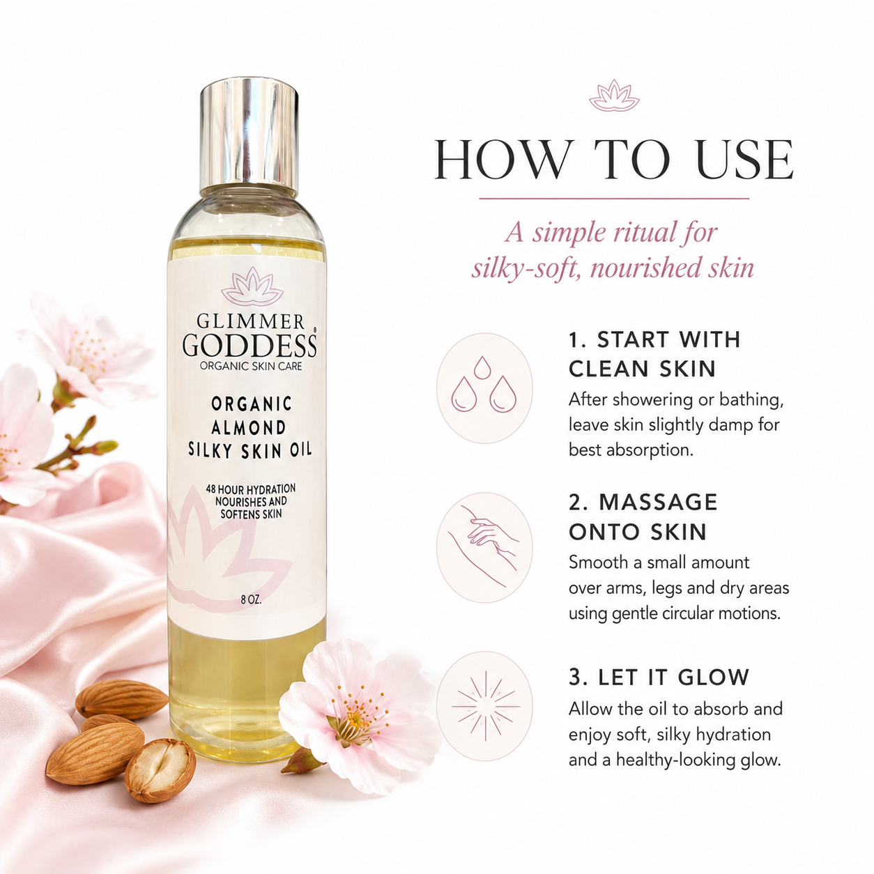 Organic Sweet Almond Silky Skin Oil – 48 Hour Hydration - Glamourous Grace