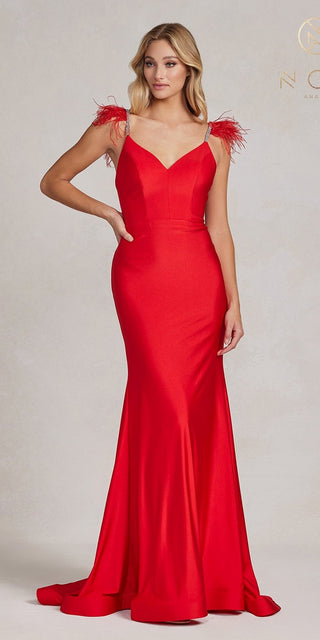 Nox Anabel T1138 Feather Shoulder Long Mermaid Gown