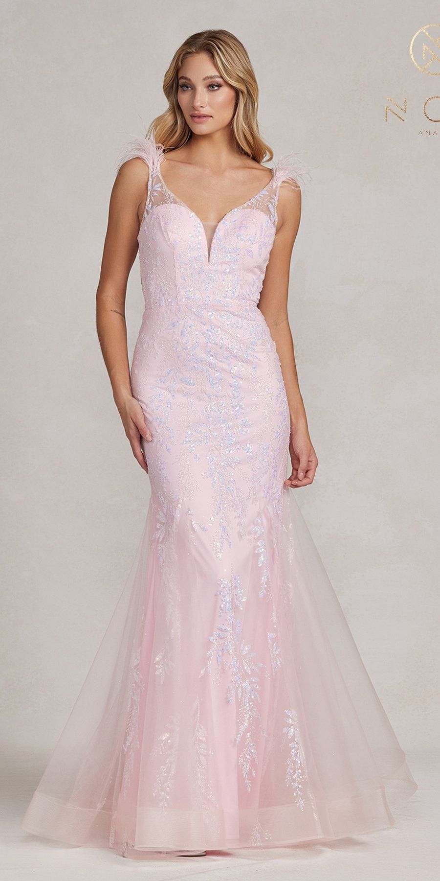 Nox Anabel T1208 Long Mermaid Gown with Feather Straps - Glamourous Grace