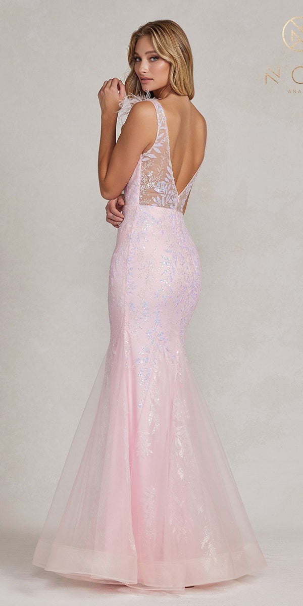 Nox Anabel T1208 Long Mermaid Gown with Feather Straps - Glamourous Grace