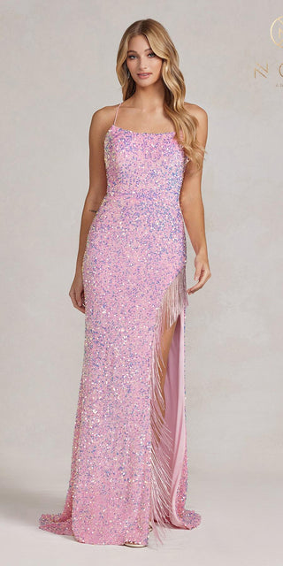 Nox Anabel T1209 Long Formal Sequin Gown with Fringe Leg Slit