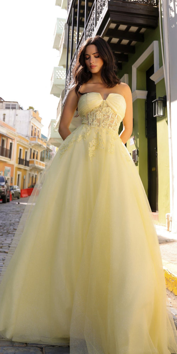 Nox Anabel T1326 Long Strapless Bonded Bodice Glitter Tulle A-Line Gown - Glamourous Grace