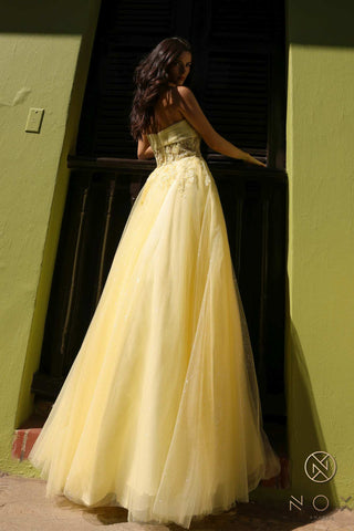 Nox Anabel T1326 Long Strapless Bonded Bodice Glitter Tulle A-Line Gown