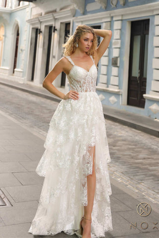 Nox Anabel T1335 Long A-Line Tiered Skirt Lace Applique Sweetheart Dress