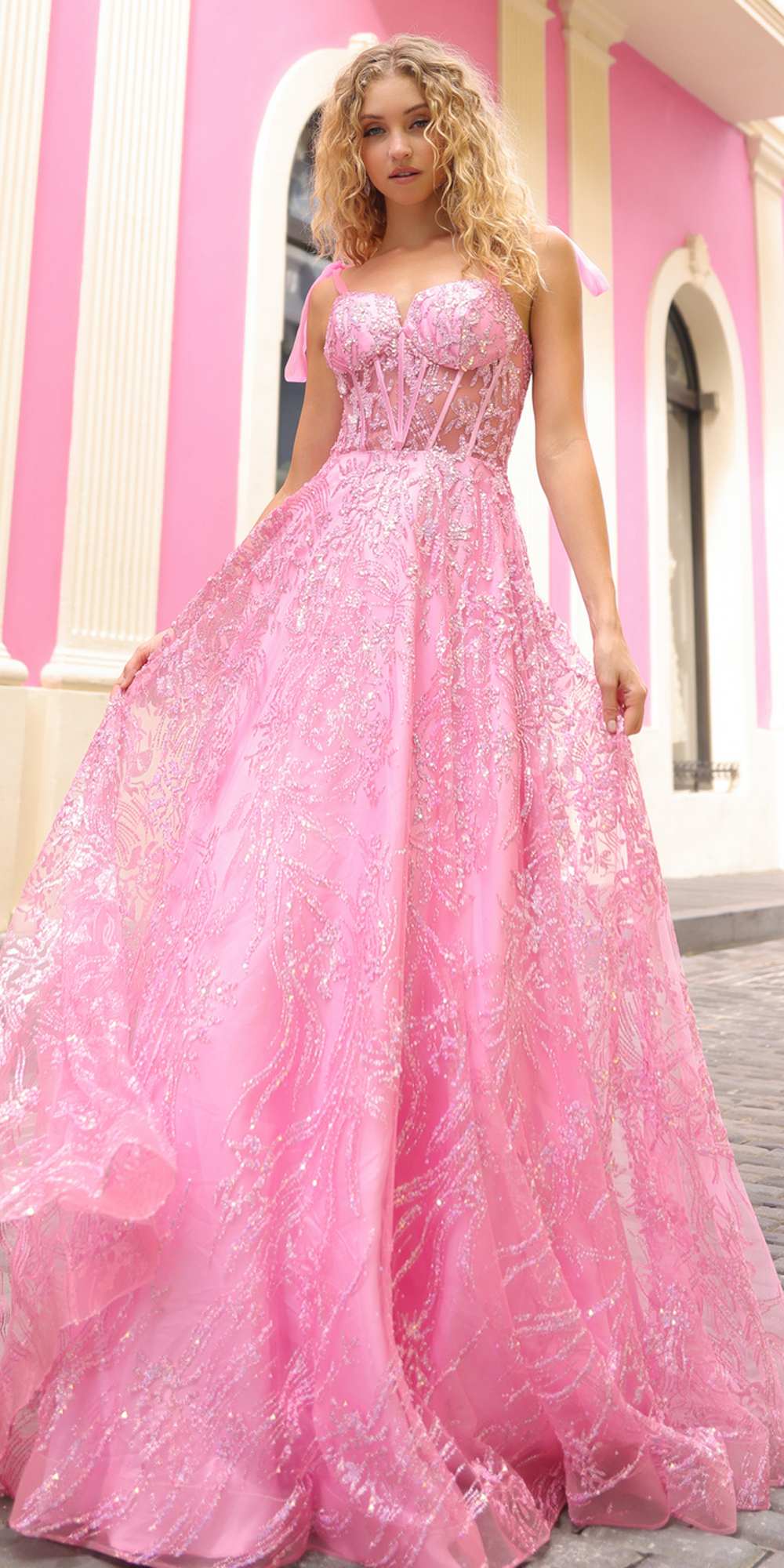 Nox Anabel T1336 Long A-Line Glitter Sequin Applique Corset Ball Gown - Glamourous Grace