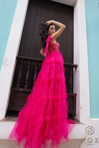 Nox Anabel T1340 Long Ruffled Skirt Boned Bustier Ribbon Strap A-Line Gown