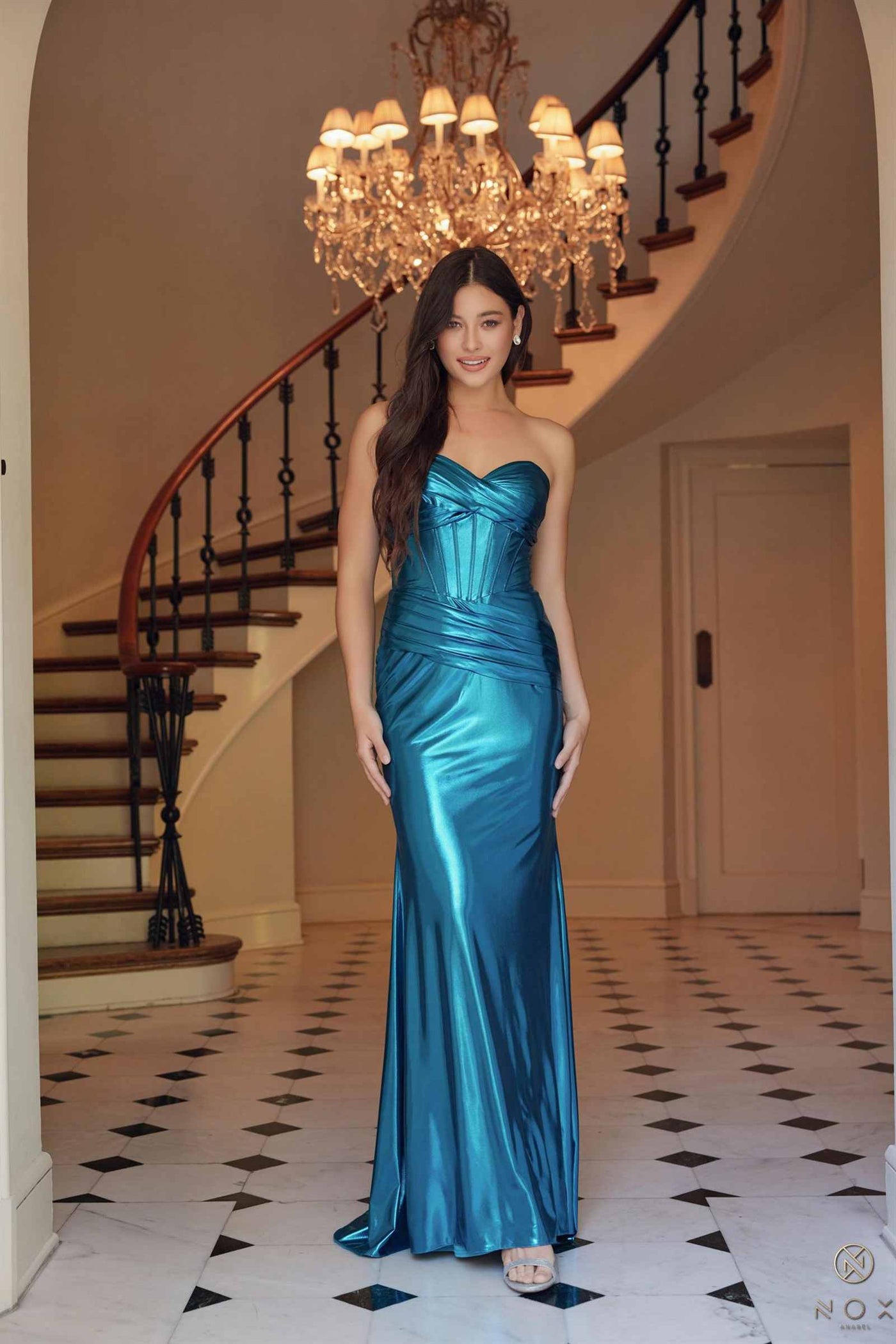 Nox Anabel T1499 Dress Strapless Metallic Satin Fitted Gown - Glamourous Grace