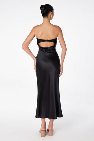 Astee T2006 Tea Length Satin Dress Cut Out Cowl-Like Back