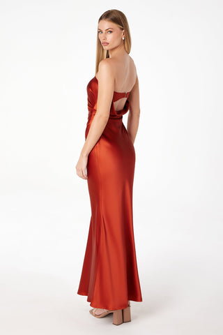 Astee T2006 Tea Length Satin Dress Cut Out Cowl-Like Back