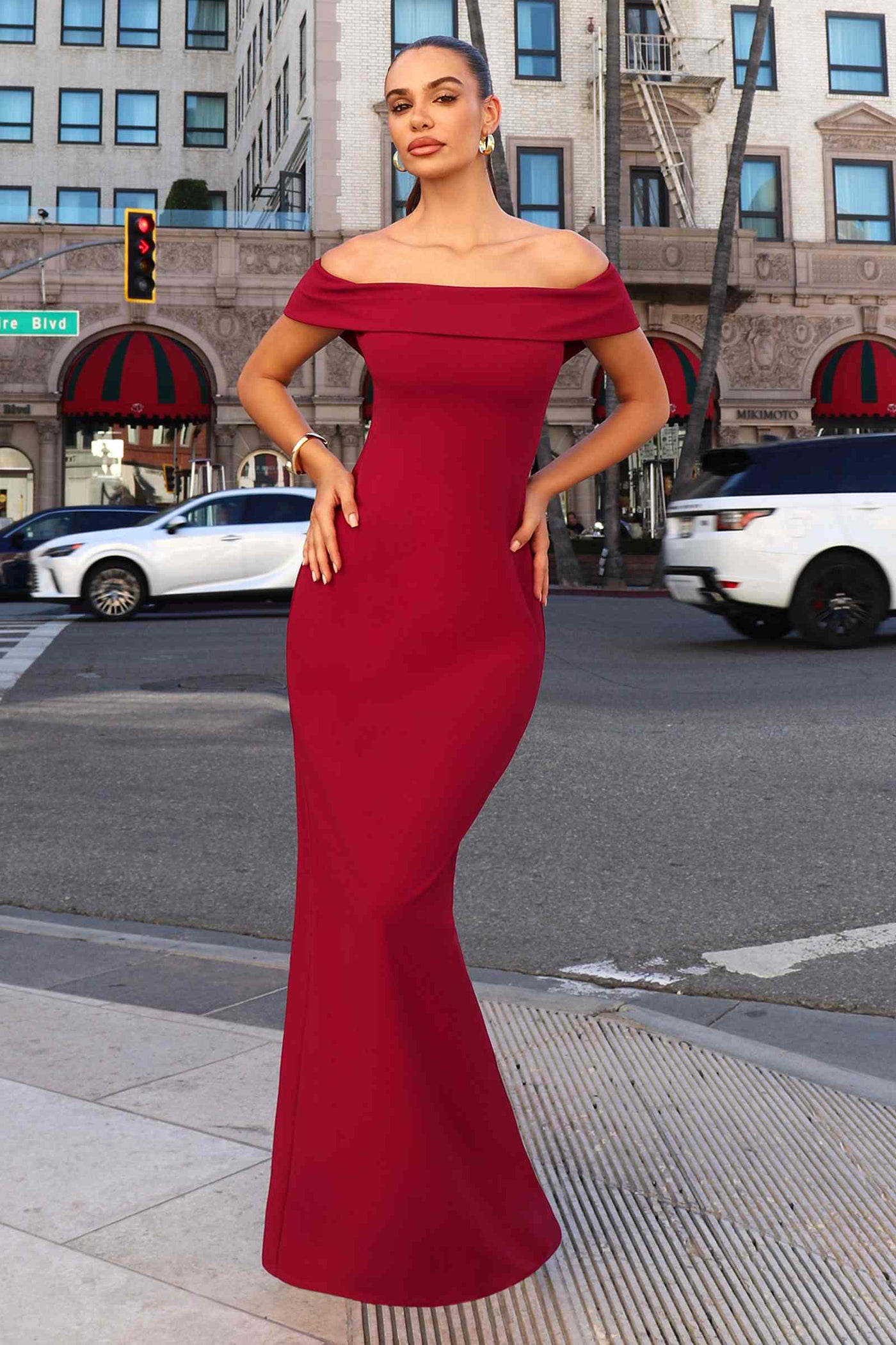 Astee T2011 Off the Shoulder Fitted Evening Gown Back Slit - Glamourous Grace