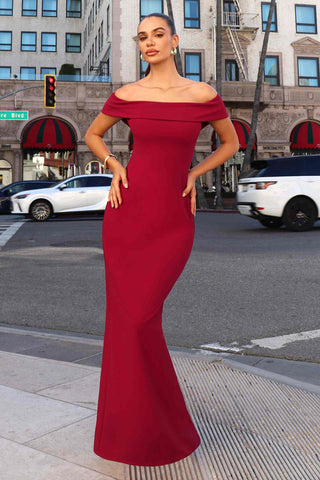 Astee T2011 Off the Shoulder Fitted Evening Gown Back Slit