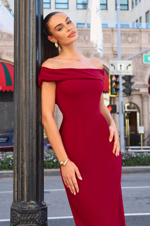 Astee T2011 Off the Shoulder Fitted Evening Gown Back Slit - Glamourous Grace