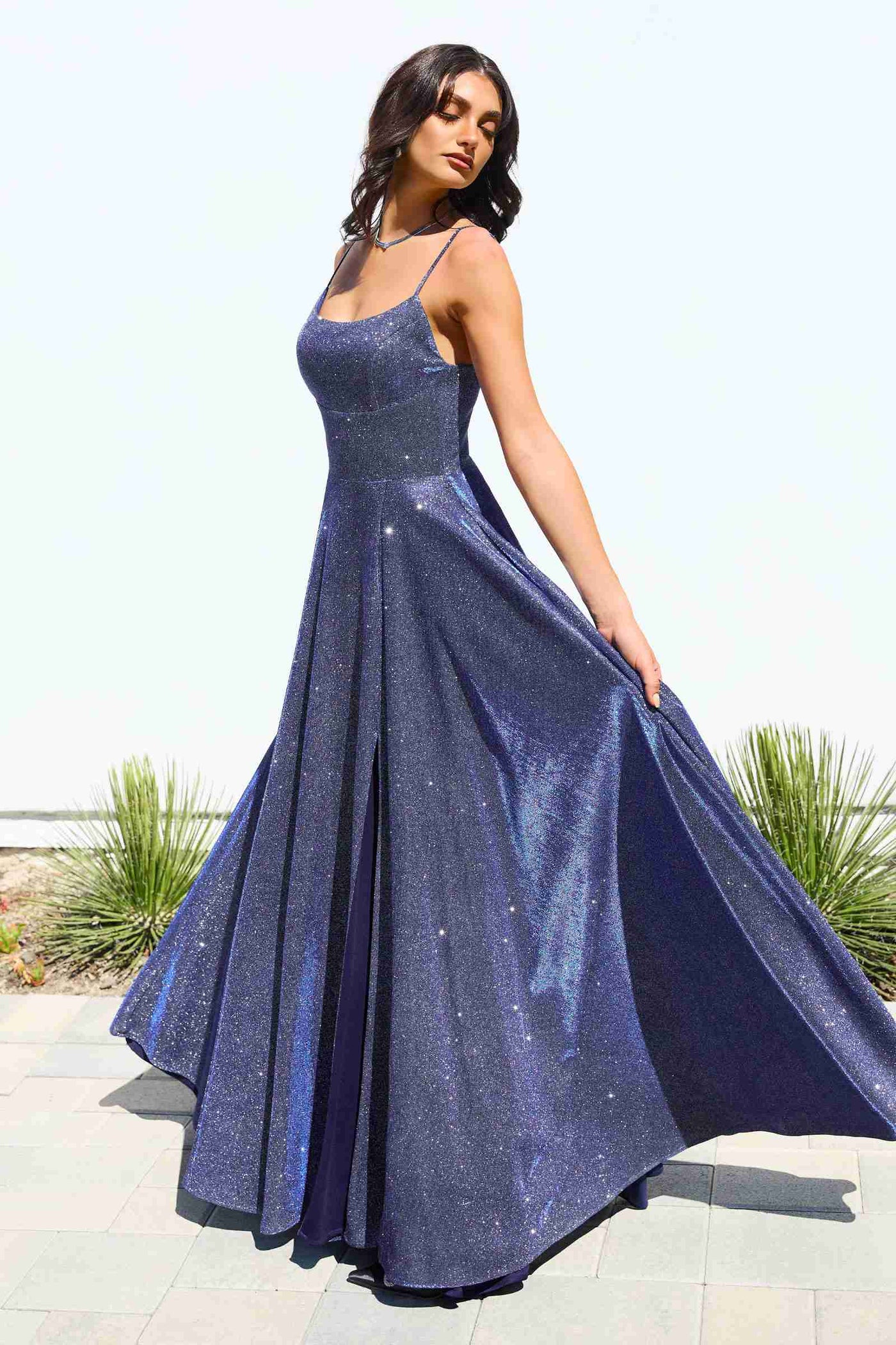 Ladivine Amoris T213 Sleeveless Spaghetti Strap A-Line Glitter Gown - Glamourous Grace