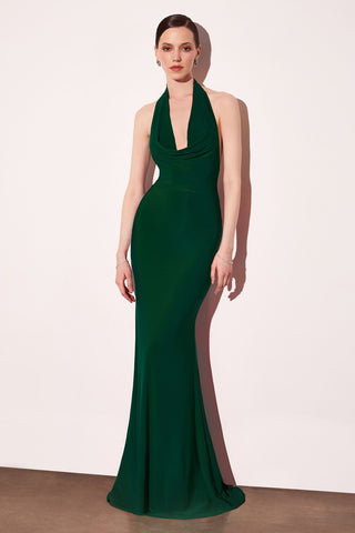 Astee T501 Long Halter V-Neckline Fitted Open Back Evening Gown