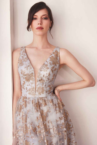 Ladivine Amoris T606 Long Sleeveless Glitter Print A-Line Gown