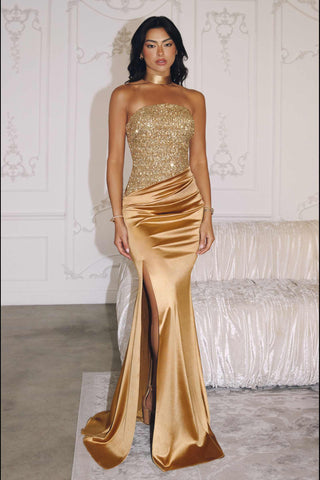 Amoris T609 Strapless Fitted Satin Gown Sequin Bodice Side Slit