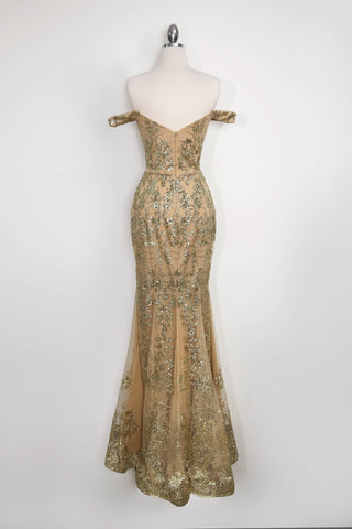 Amoris T613 Fitted Off the Shoulder Sequin Lace Sweep Train Gown