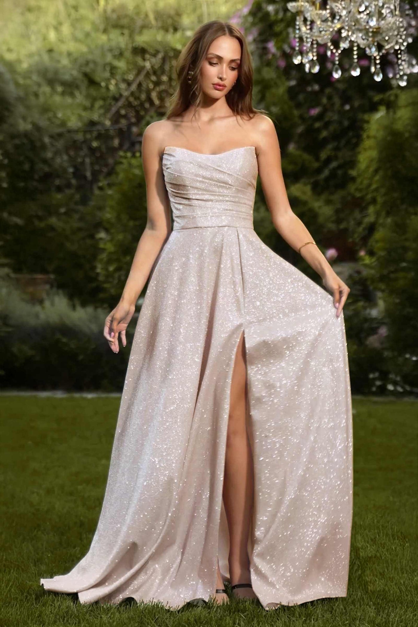 Ladivine Amoris T701 Strapless Glitter A-Line Gown - Glamourous Grace