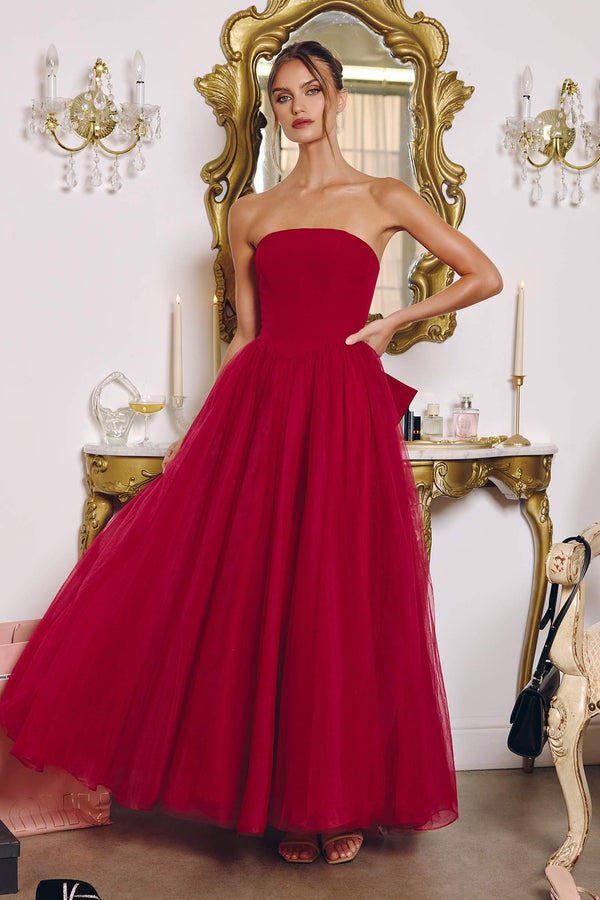 Amoris T712 Strapless Crepe Bodice A-Line Gown Layered Tulle Skirt - Glamourous Grace