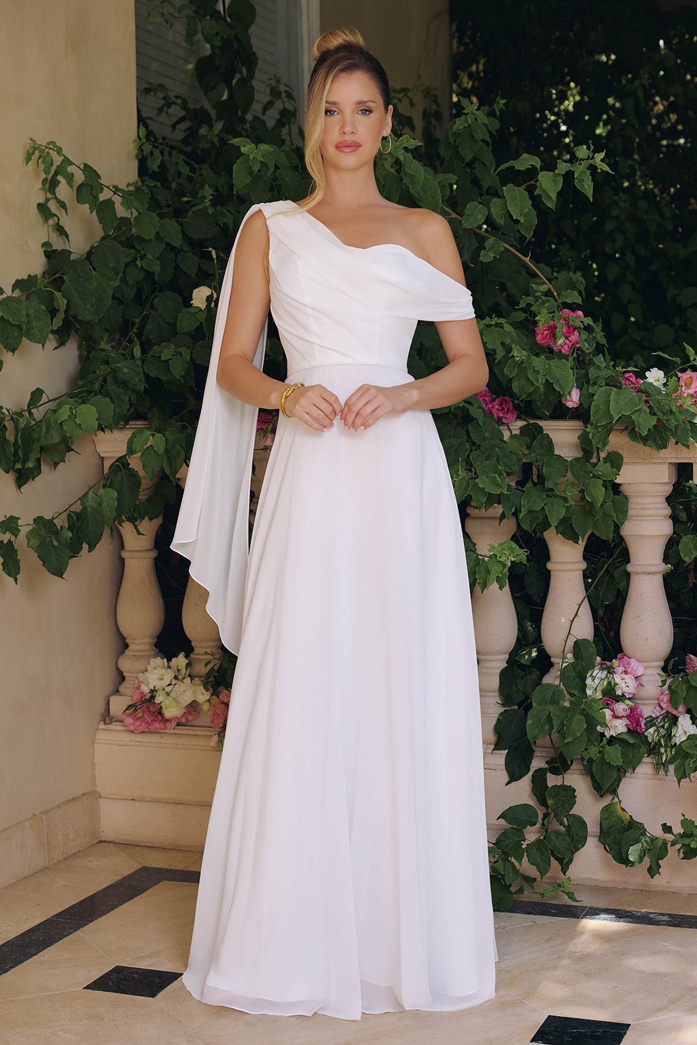 Amoris T716W One Shoulder Chiffon A-Line Off White Evening Dress - Glamourous Grace